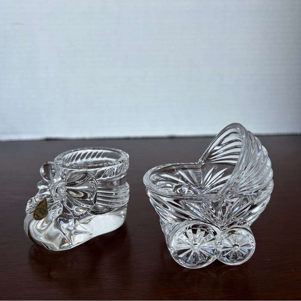 Two Cristal D'Arques Lead Crystal Baby Ornaments Baby Bootie and Baby Carriage